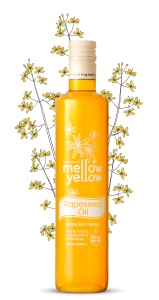Farrington's Mellow Yellow Rapeseed Oil with rapeseed plants backdrop