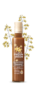 Farrington's Mellow Yellow balsamic vinegar dressing with rapeseed plant backdrop