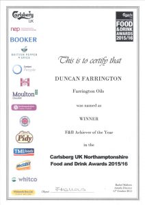 Farrington Mellow Yellow Winner of F&B Achiever of the Year Food and Drink Awards 2015/16 certificate
