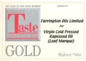 Farrington's Mellow Yellow virgin cold-pressed rapeseed oil Great Taste Gold Award Winner 2006 certificate