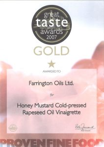 Farrington's Mellow Yellow Honey Mustard cold-pressed rapeseed oil vinaigrette Great Taste Gold Award 2007 certificate
