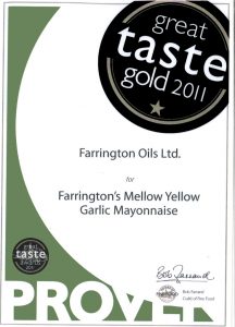 Farrington Oils Mellow Yellow garlic mayonnaise winner of Great Taste Gold Award 2011 certificate