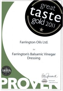 Farrington Oils Mellow Yellow Balsamic Vinegar Dressing winner of Great Taste Gold Award 2011 certificate