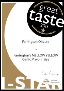 Farrington's Mellow Yellow garlic mayonnaise great taste award 2013 certificate
