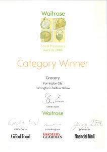 Farrington Mellow Yellow rapeseed oil Waitrose Small Producers Awards 2006 Grocery Category Winner Certificate