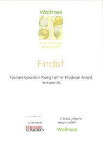Farrington Mellow Yellow rapeseed oil Waitrose Small Producers Awards 2006 Farmers Guardian Young Farmer Producer Award Finalist Certificate