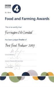 Farrington Oils rapeseed oil Finalist of BBC Radio 4 Best Food Producer 2006 Certificate
