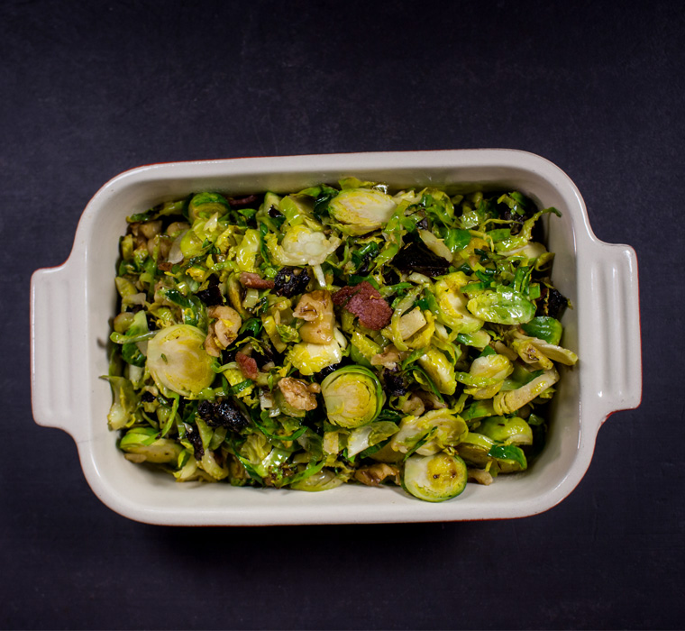 Pan fried Brussels with bacon, prunes and walnuts - Farrington Oils