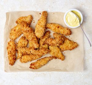 Easy baked chicken goujons recipe with rapeseed oil