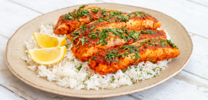 Salmon in Chraimeh sauce north african dish using mellow yellow chilli oil