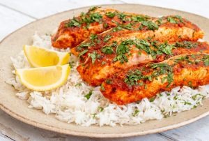 Salmon in Chraimeh sauce north african dish using mellow yellow chilli oil
