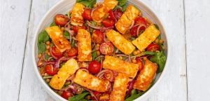 mellow yellow Halloumi and Chickpea Salad with chilli mango and lime dressing