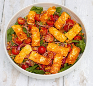 mellow yellow Halloumi and Chickpea Salad with chilli mango and lime dressing