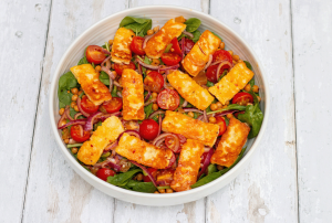 mellow yellow Halloumi and Chickpea Salad with chilli mango and lime dressing