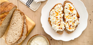 cottage cheese on toast with honey and mellow yellow rapeseed chilli oil