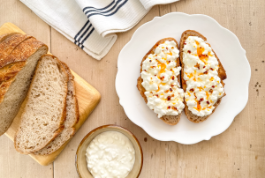 cottage cheese on toast with honey and mellow yellow rapeseed chilli oil