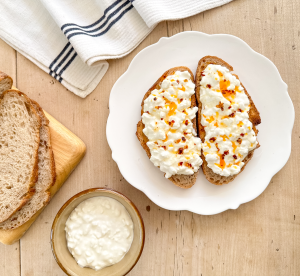 cottage cheese on toast with honey and mellow yellow rapeseed chilli oil