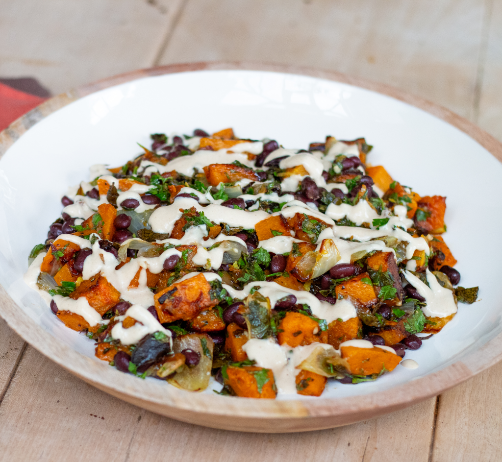 Vegan Roasted Squash with Black Beans and Tahini Dressing - Farrington Oils