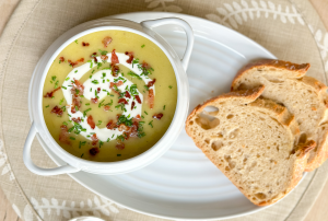 Easy and simple leek and potato soup recipe with mellow yellow rapeseed oil
