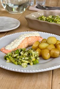 Poached Salmon and Garlic in Cream Cheese Sauce