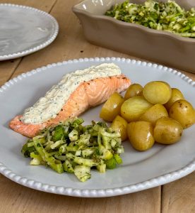 Poached Salmon and Garlic in Cream Cheese Sauce