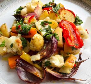 Halloumi traybake with chimichurri
