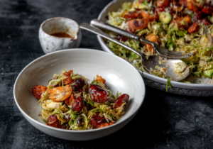 Mellow Yellow Sprouts Salad with chorizo, parmesan and ciabatta