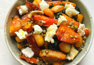 Roast roots with confit garlic & goats cheese