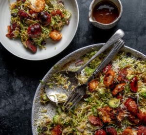 Sprout salad with chorizo, raisins & crispy ciabatta