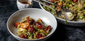 Mellow Yellow Sprouts Salad with chorizo, parmesan and ciabatta