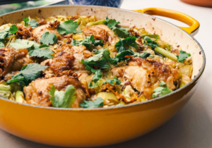 Chicken and spring onion rice with crispy shallot and chilli oil
