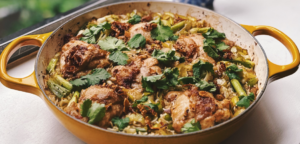 Chicken and spring onion rice with crispy shallot and chilli oil