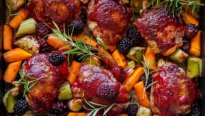 Blackberry Glazed Chicken Traybake with Herbed Mash