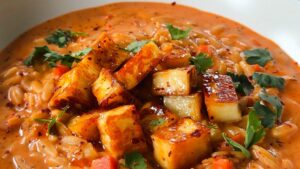 Spicy tomato orzo soup